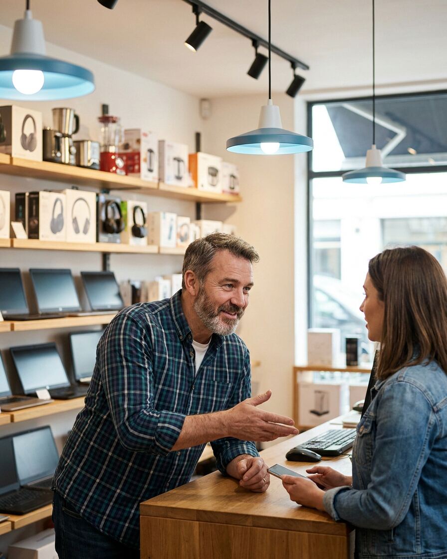 Commerciante che parla con un cliente nel suo negozio di elettronica